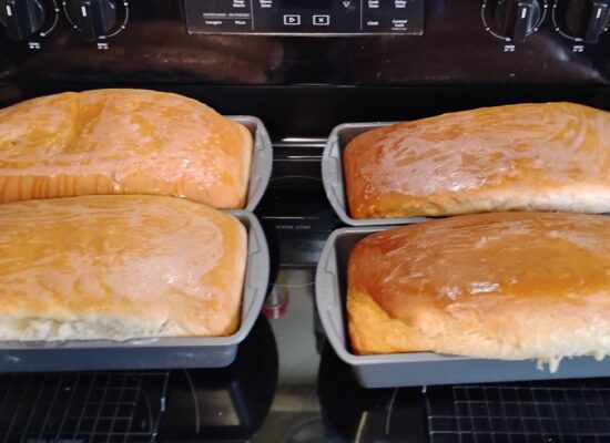 fresh baked bread loaves resting on a stove top